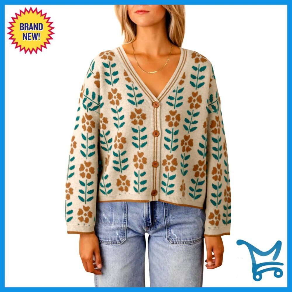 Floral Print V-Neck Cardigan Long Sleeve Loose Fit Button Front Sweater